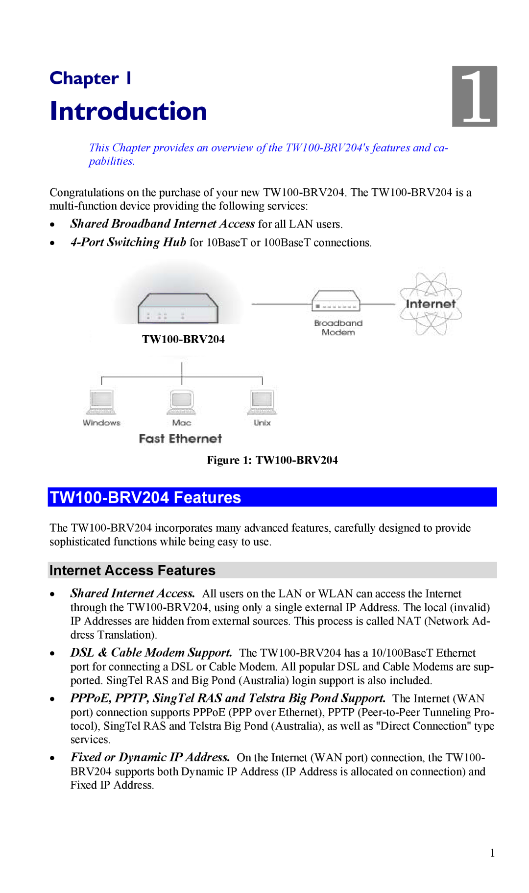 TRENDnet VPN Firewall Router manual TW100-BRV204 Features, Internet Access Features 