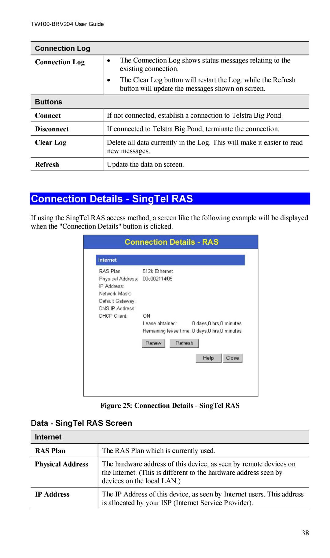 TRENDnet VPN Firewall Router, TW100-BRV204 manual Connection Details SingTel RAS, Data SingTel RAS Screen 