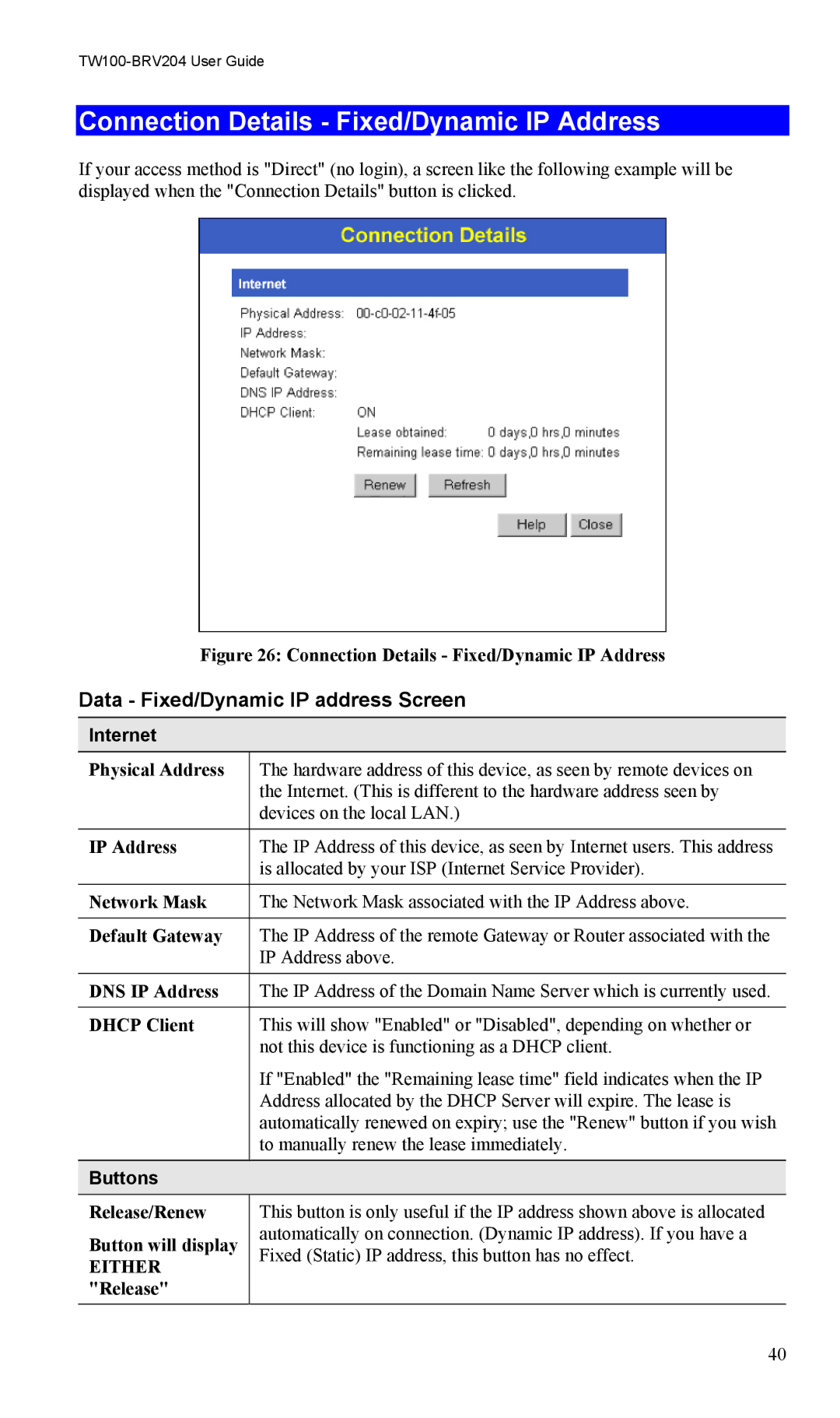 TRENDnet VPN Firewall Router manual Connection Details Fixed/Dynamic IP Address, Data Fixed/Dynamic IP address Screen 