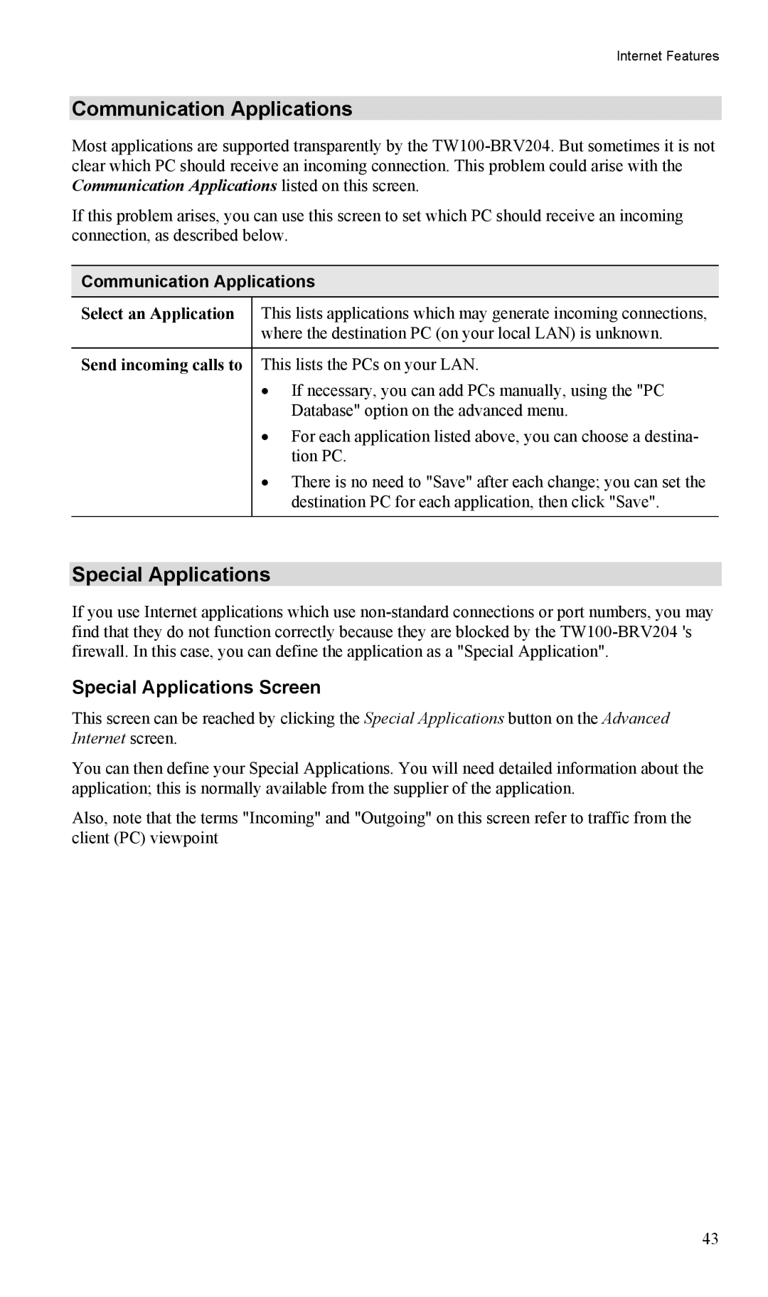 TRENDnet TW100-BRV204, VPN Firewall Router manual Communication Applications, Special Applications Screen 