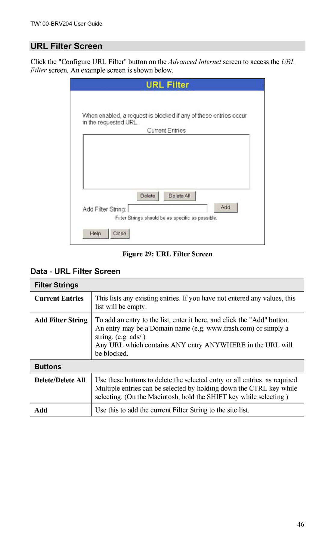 TRENDnet VPN Firewall Router, TW100-BRV204 manual Data URL Filter Screen, Filter Strings 