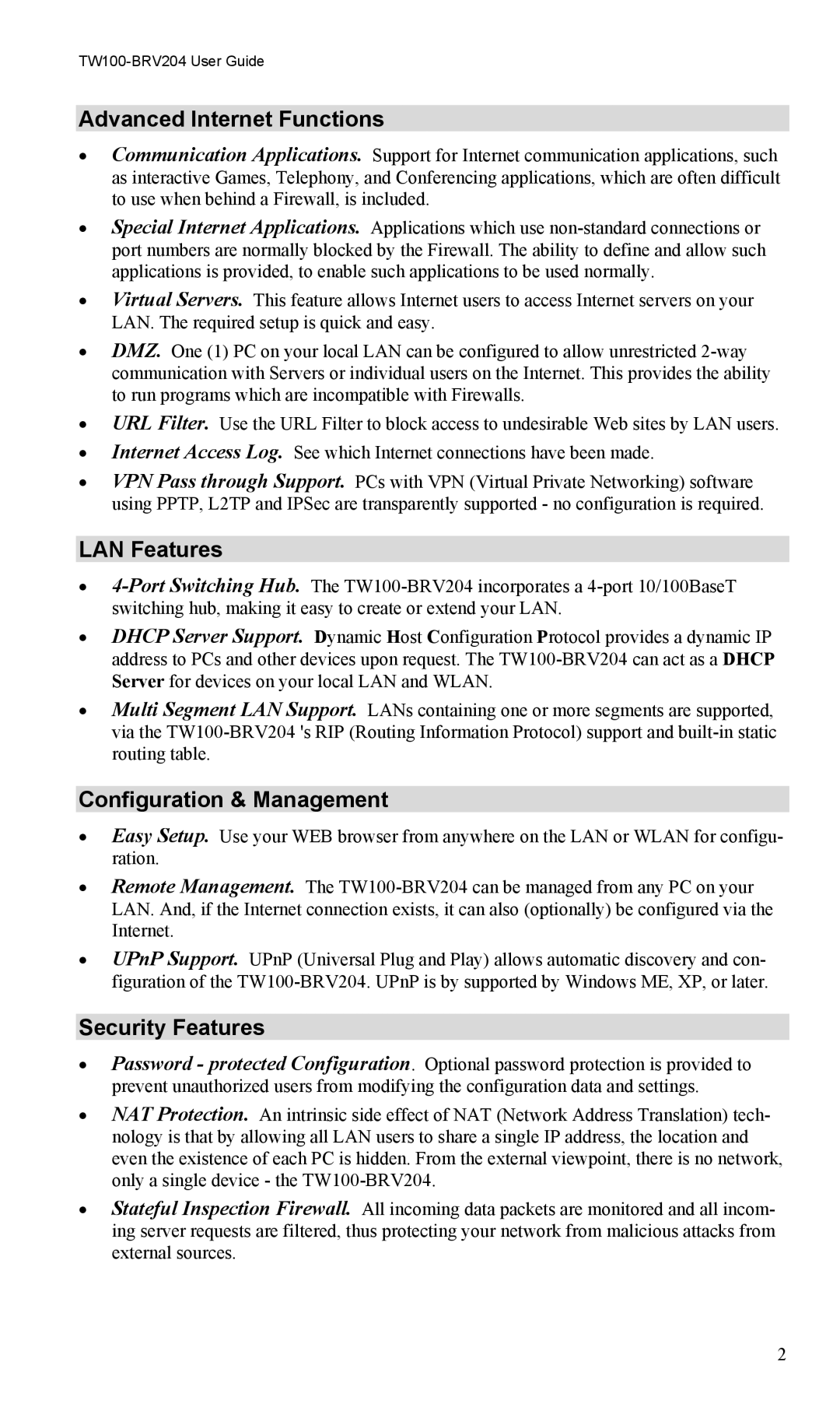 TRENDnet VPN Firewall Router Advanced Internet Functions, LAN Features, Configuration & Management, Security Features 