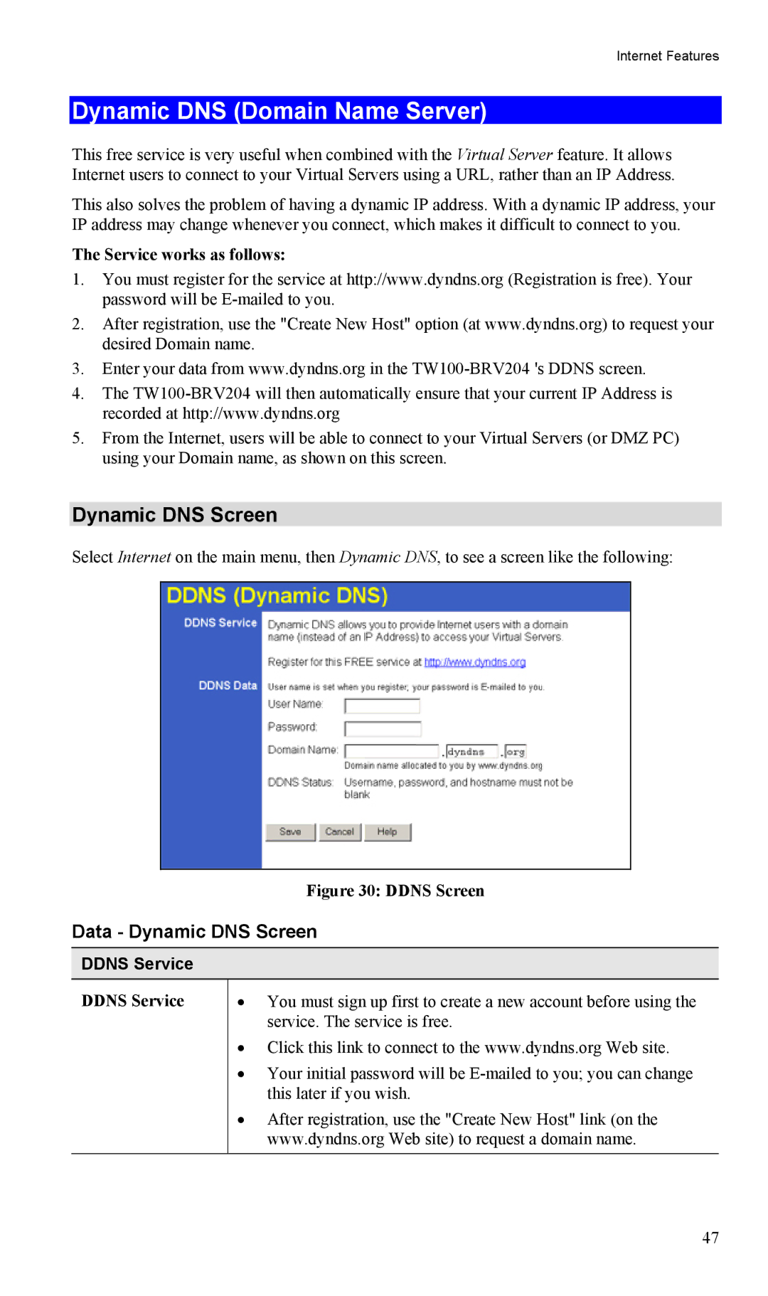 TRENDnet TW100-BRV204, VPN Firewall Router manual Dynamic DNS Domain Name Server, Data Dynamic DNS Screen, Ddns Service 