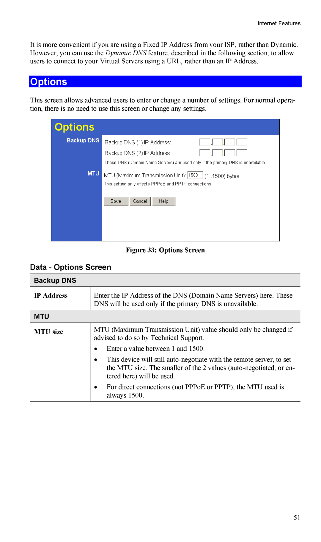 TRENDnet TW100-BRV204, VPN Firewall Router manual Data Options Screen, Backup DNS, MTU size 