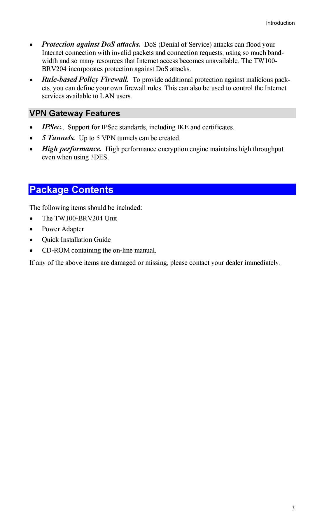 TRENDnet TW100-BRV204, VPN Firewall Router manual Package Contents 