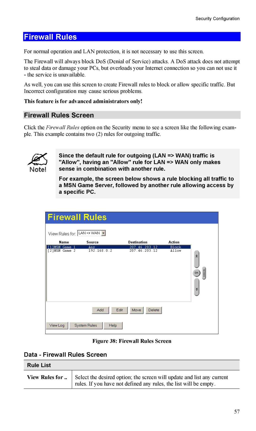 TRENDnet TW100-BRV204 Data Firewall Rules Screen, This feature is for advanced administrators only, Rule List 