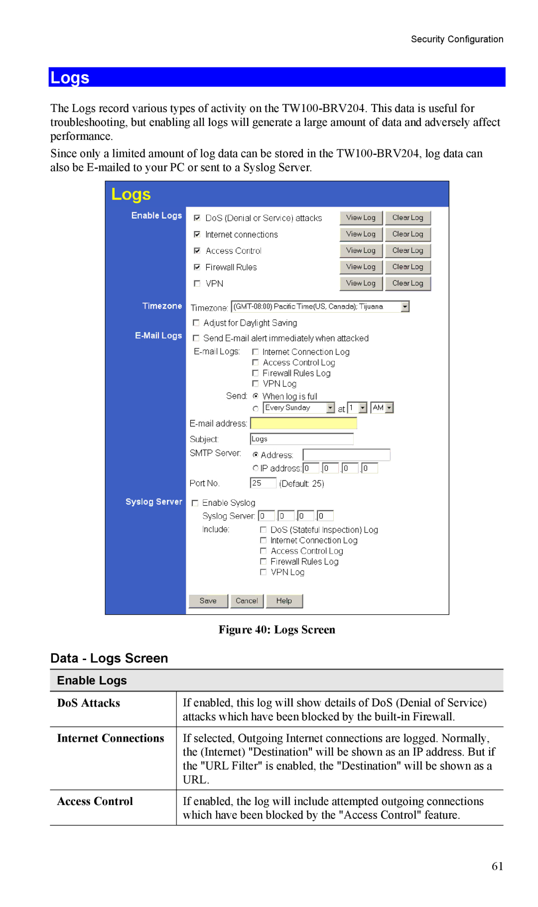 TRENDnet TW100-BRV204, VPN Firewall Router manual Data Logs Screen, Enable Logs, DoS Attacks, Internet Connections 