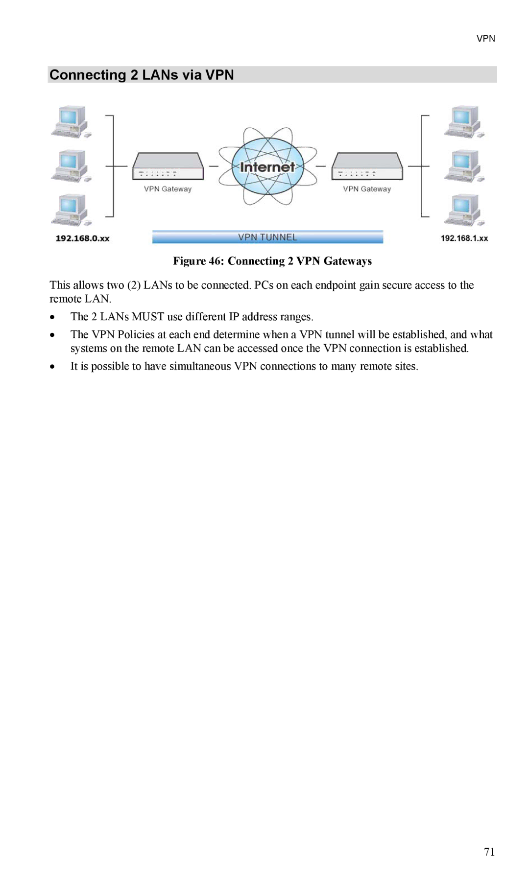 TRENDnet TW100-BRV204, VPN Firewall Router manual Connecting 2 LANs via VPN, Connecting 2 VPN Gateways 