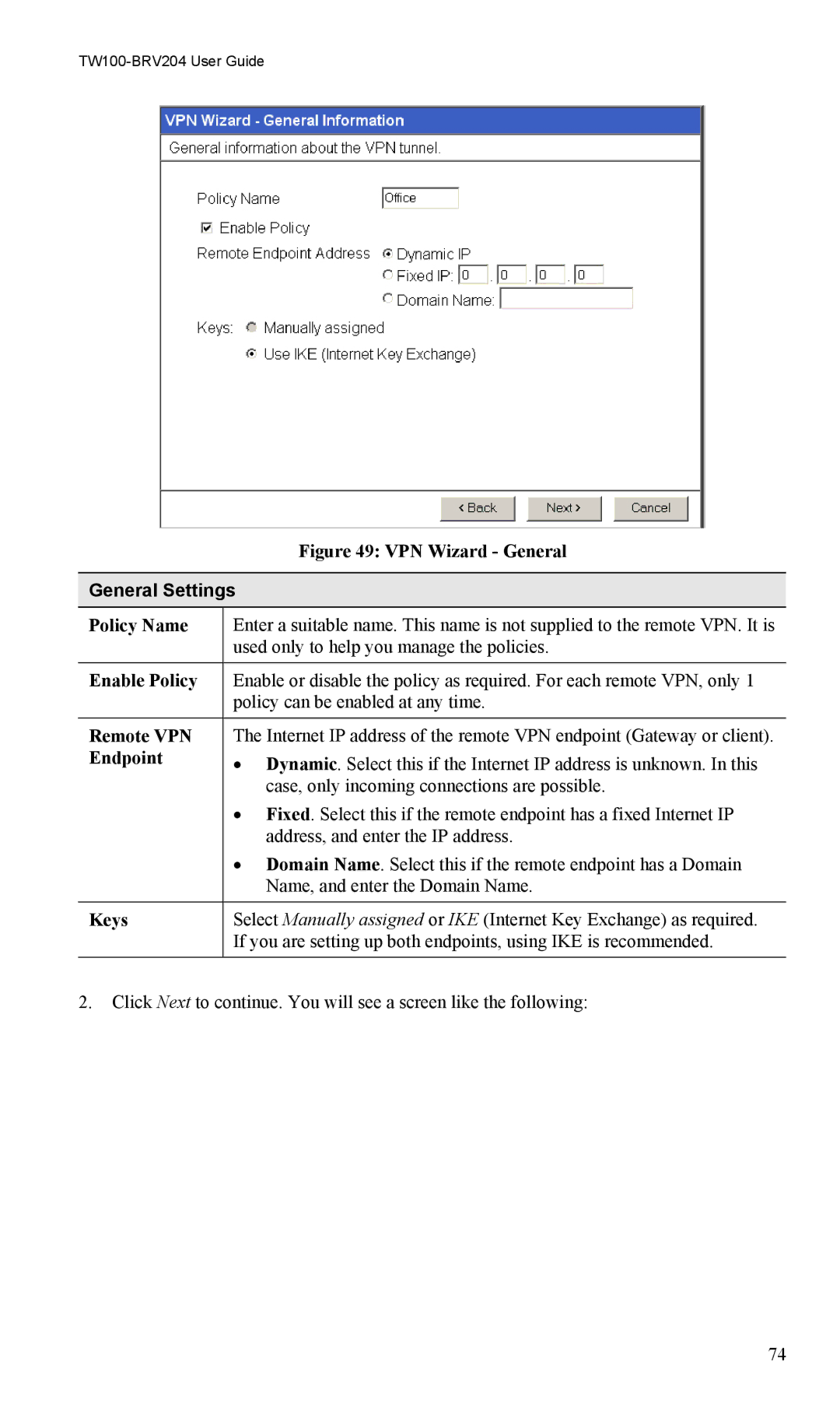 TRENDnet VPN Firewall Router, TW100-BRV204 manual General Settings, Enable Policy, Endpoint, Keys 