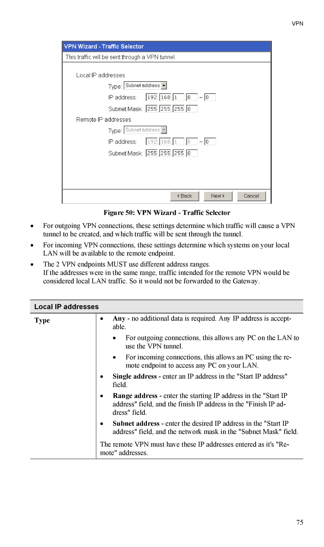 TRENDnet TW100-BRV204, VPN Firewall Router manual VPN Wizard Traffic Selector, Local IP addresses 