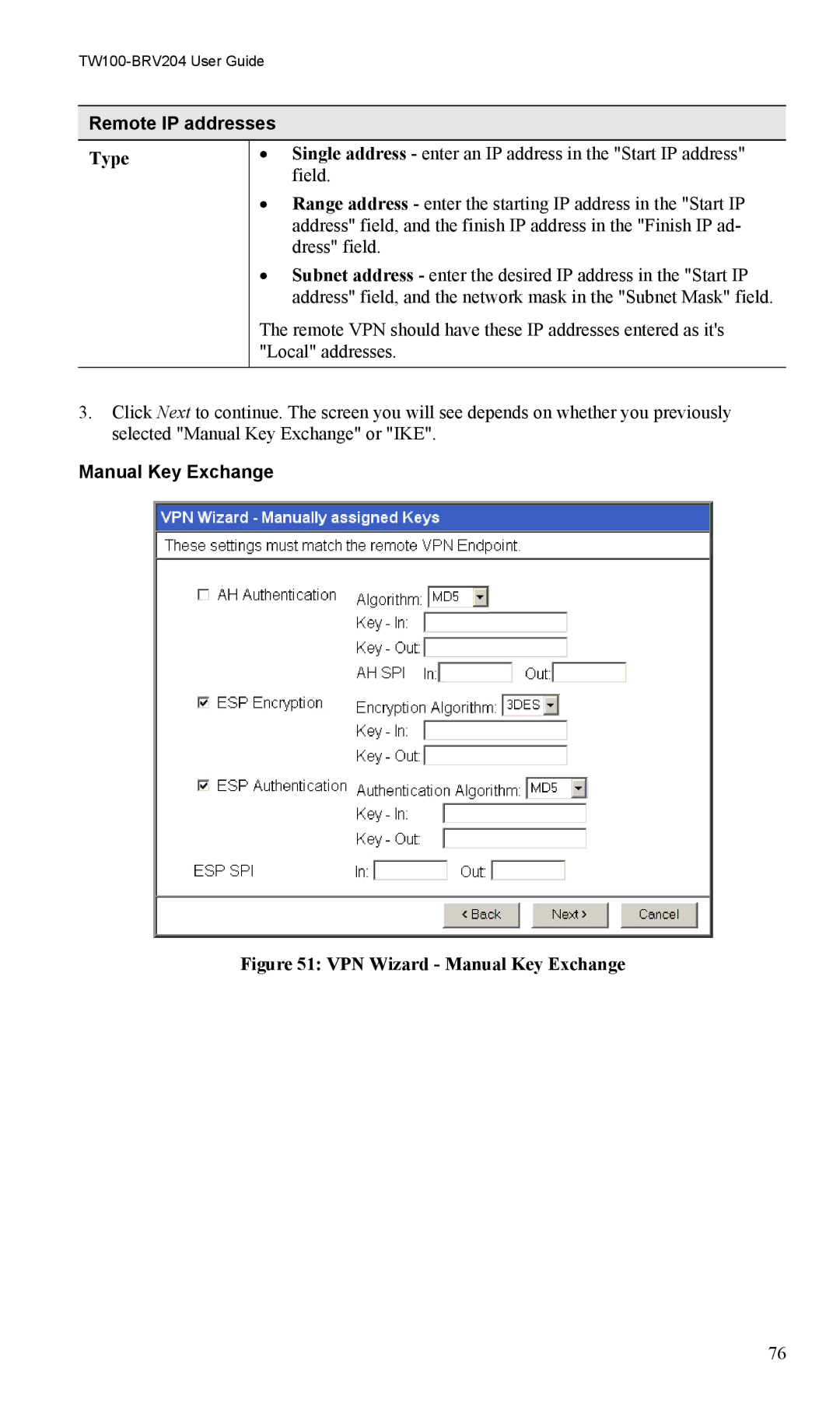 TRENDnet VPN Firewall Router, TW100-BRV204 manual Remote IP addresses, Manual Key Exchange 