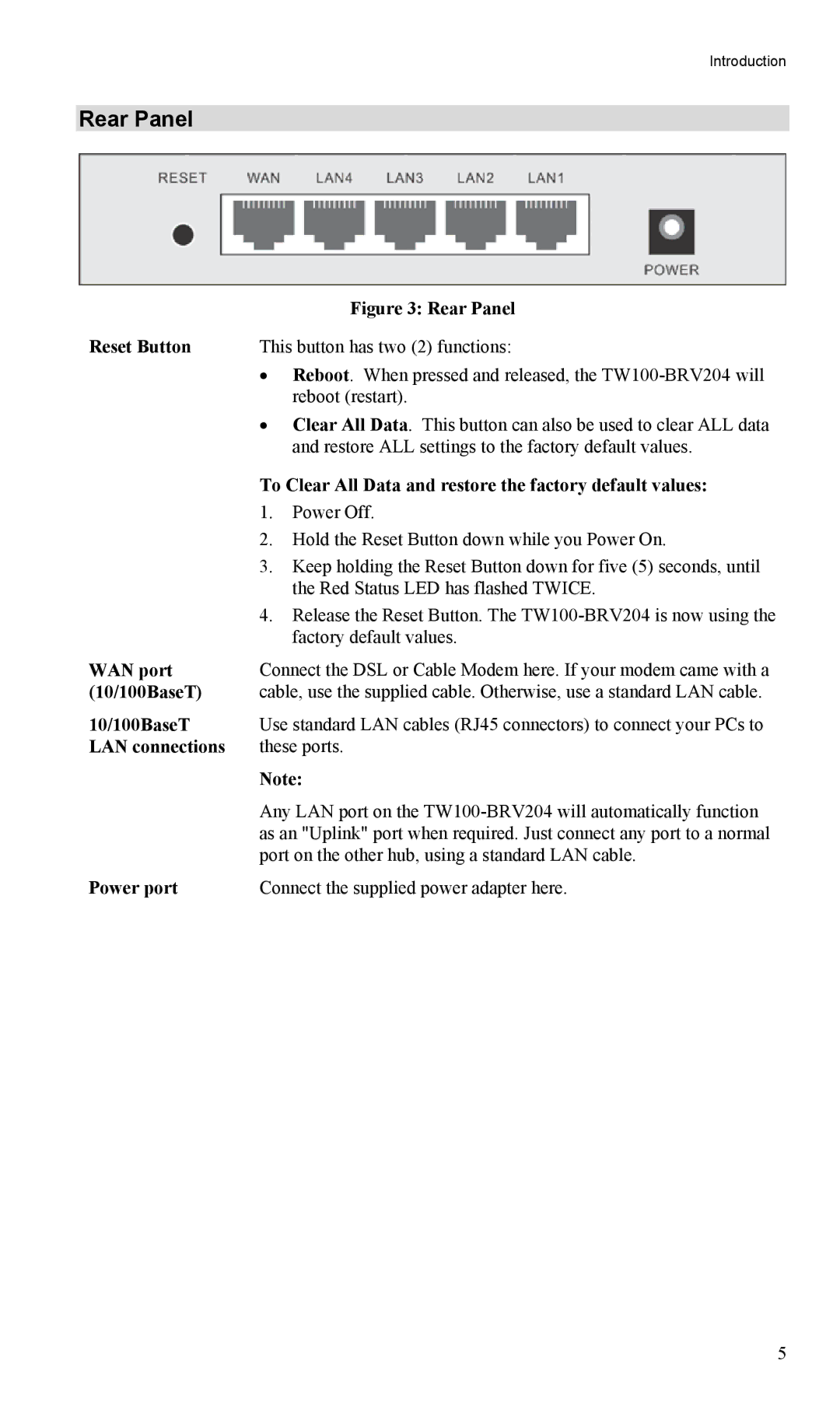 TRENDnet TW100-BRV204, VPN Firewall Router manual Rear Panel 