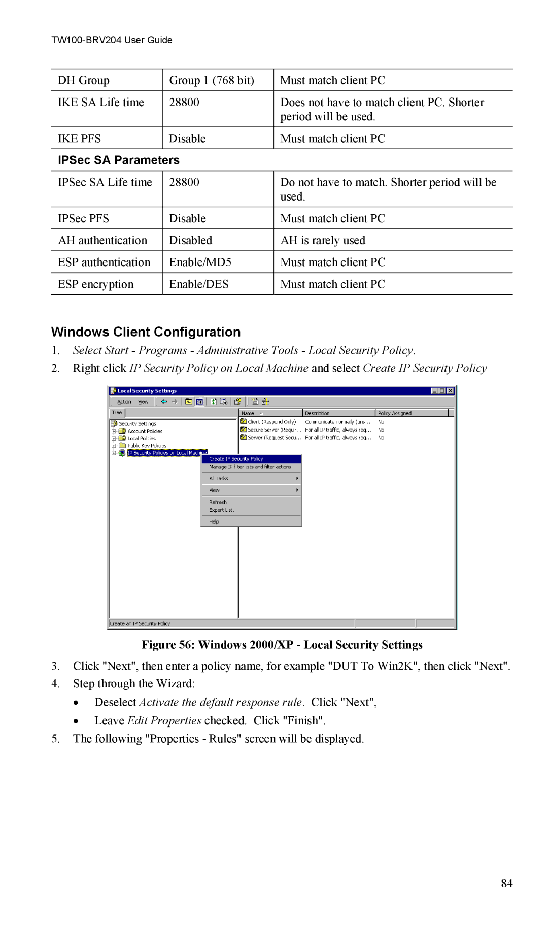 TRENDnet VPN Firewall Router, TW100-BRV204 manual Windows Client Configuration, Windows 2000/XP Local Security Settings 