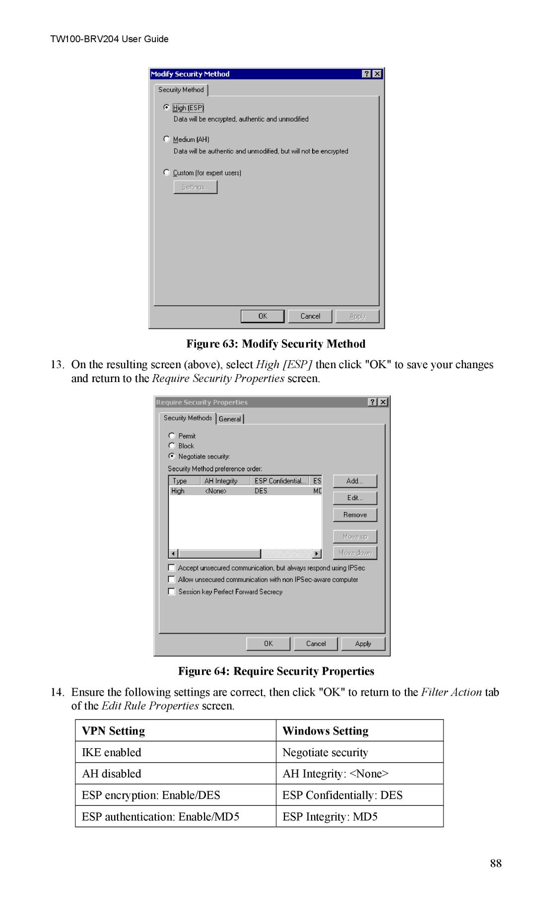 TRENDnet VPN Firewall Router, TW100-BRV204 manual Modify Security Method, VPN Setting Windows Setting 