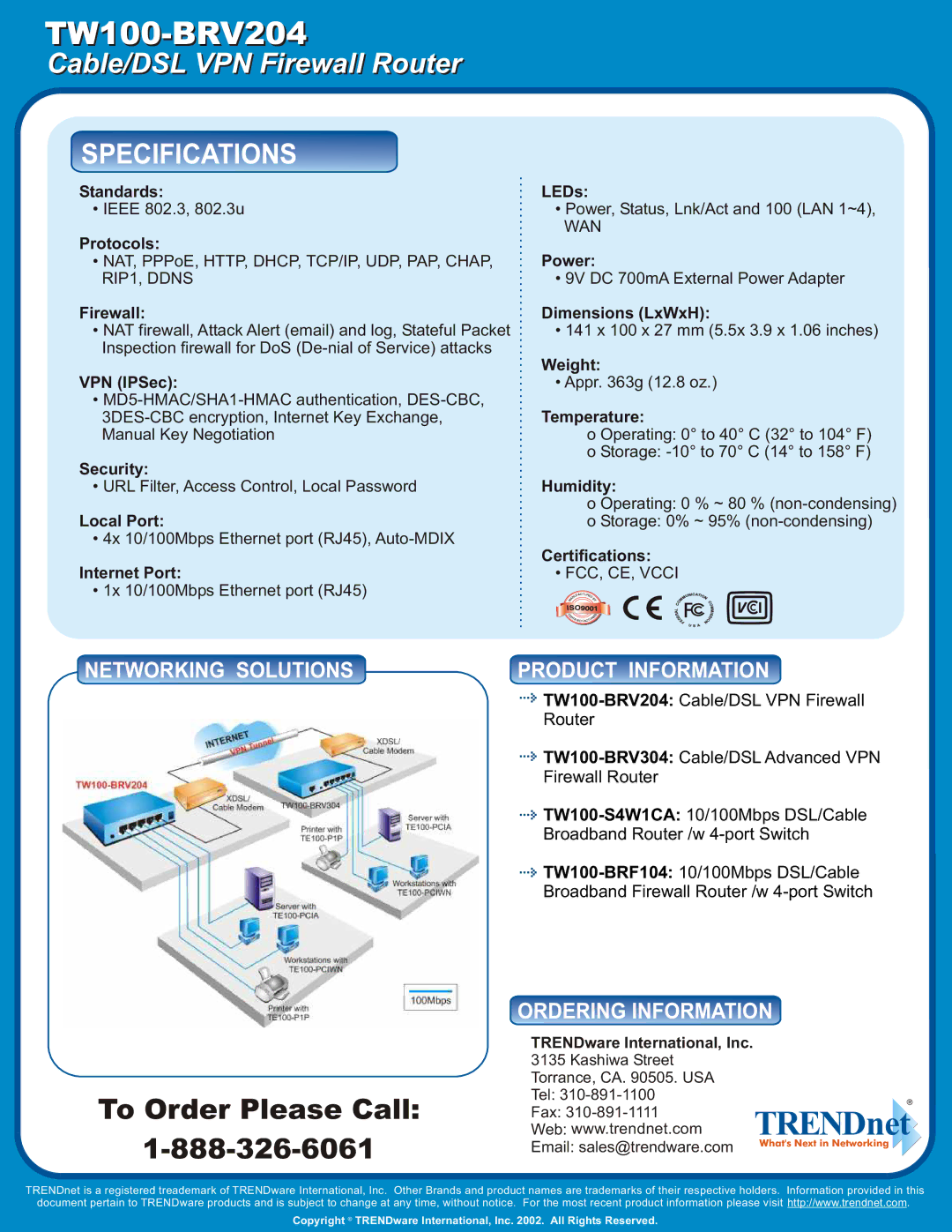 TRENDnet TW100-BRV204 warranty Specifications 