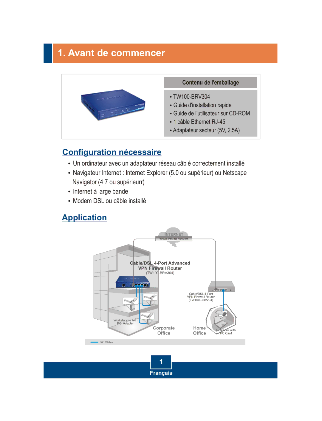 TRENDnet TW100-BRV304 manual Avant de commencer, Contenu de lemballage 