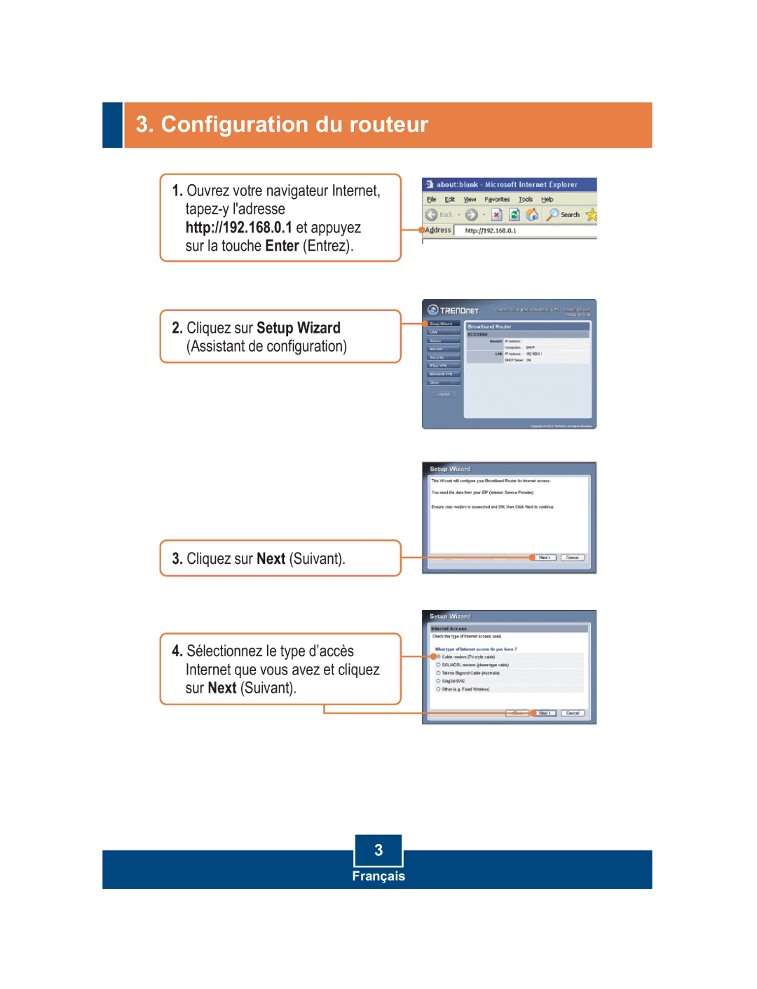 TRENDnet TW100-BRV304 manual Configuration du routeur, Cliquez sur Setup Wizard Assistant de configuration 