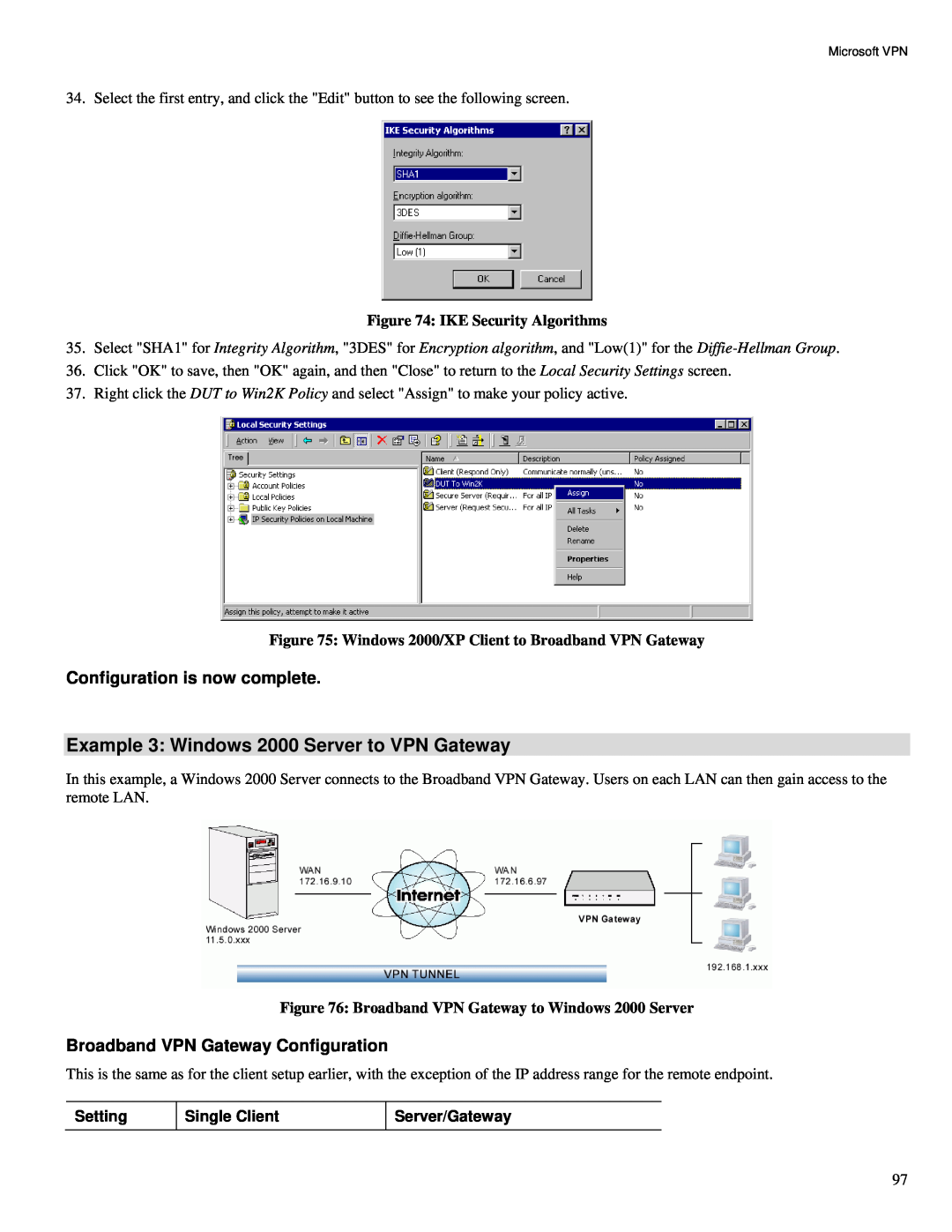 TRENDnet TW100-BRV324 manual Example 3 Windows 2000 Server to VPN Gateway, IKE Security Algorithms, Setting, Single Client 