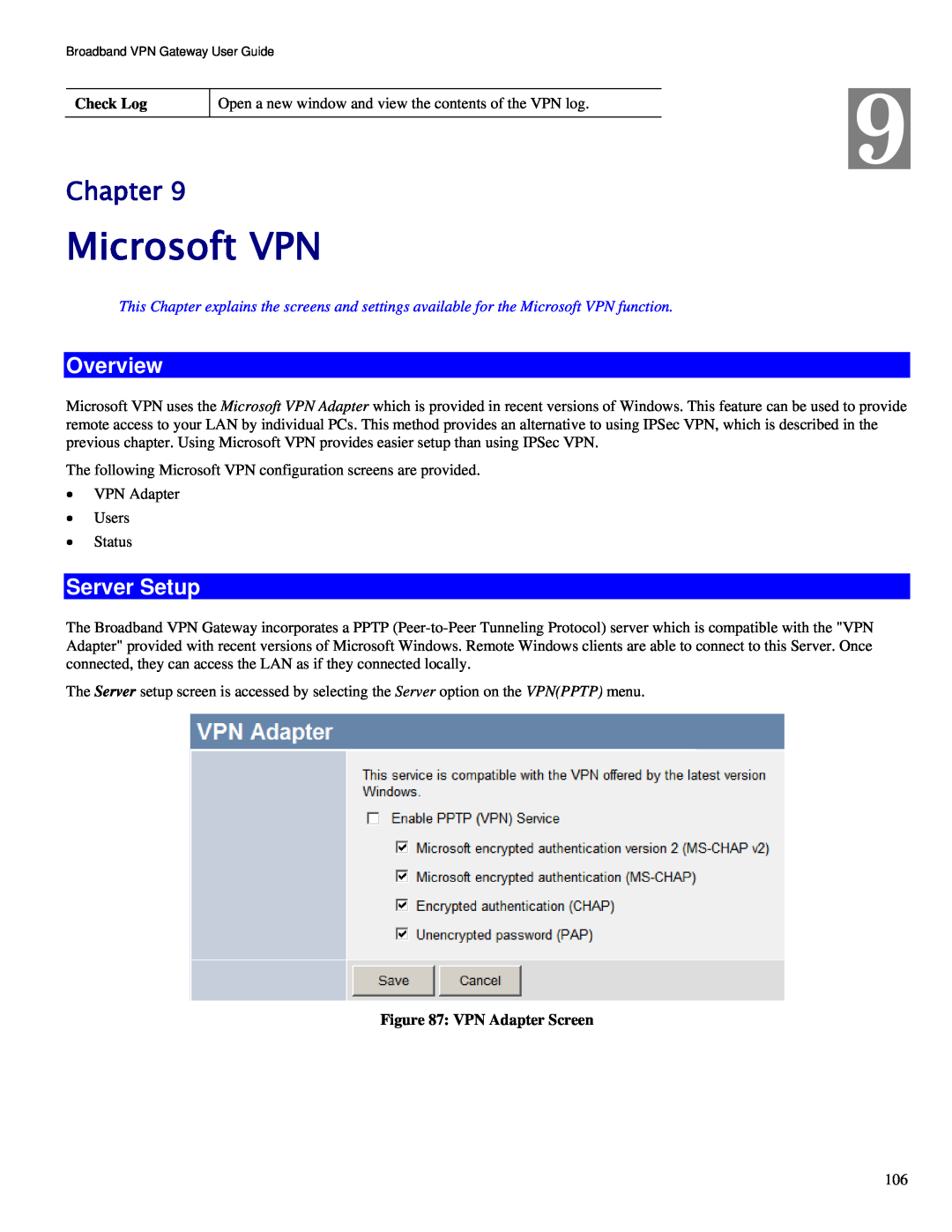 TRENDnet TW100-BRV324 manual Microsoft VPN, Server Setup, Chapter, Overview 