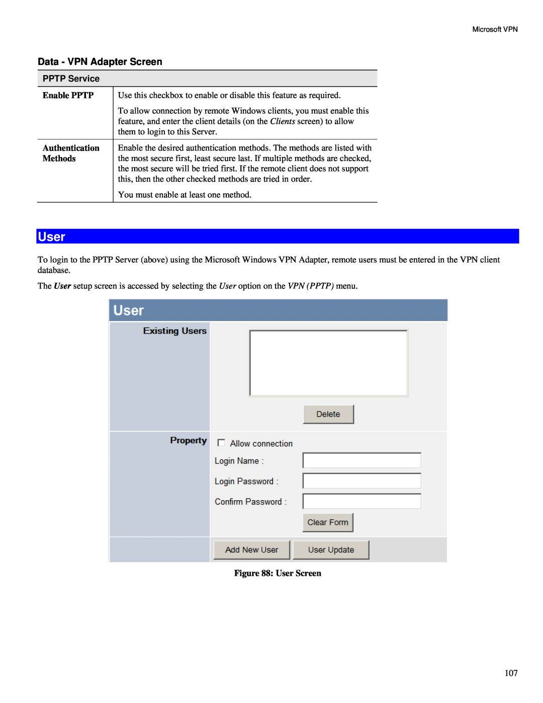 TRENDnet TW100-BRV324 manual User, Data - VPN Adapter Screen, PPTP Service 