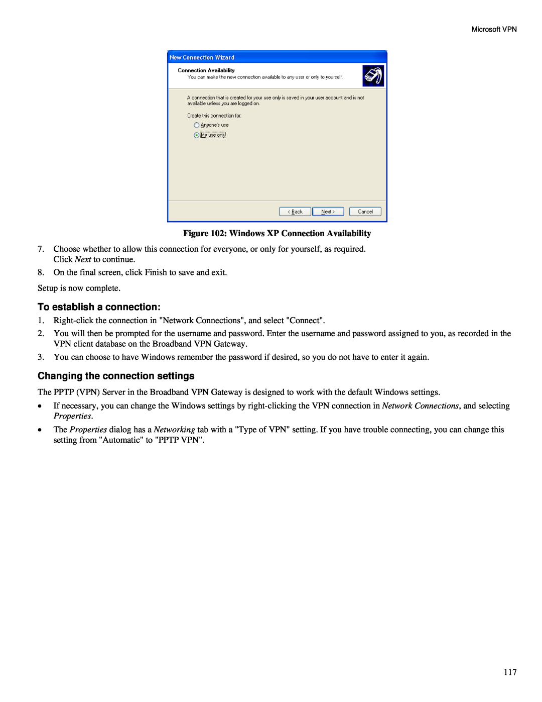 TRENDnet TW100-BRV324 To establish a connection, Changing the connection settings, Windows XP Connection Availability 