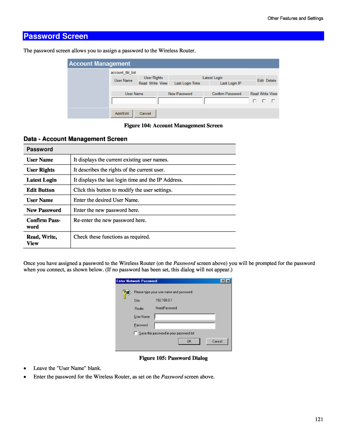 TRENDnet TW100-BRV324 manual Password Screen, Data - Account Management Screen 