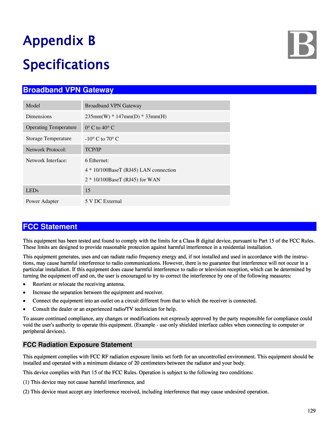 TRENDnet TW100-BRV324 Appendix B Specifications, Broadband VPN Gateway, FCC Statement, FCC Radiation Exposure Statement 