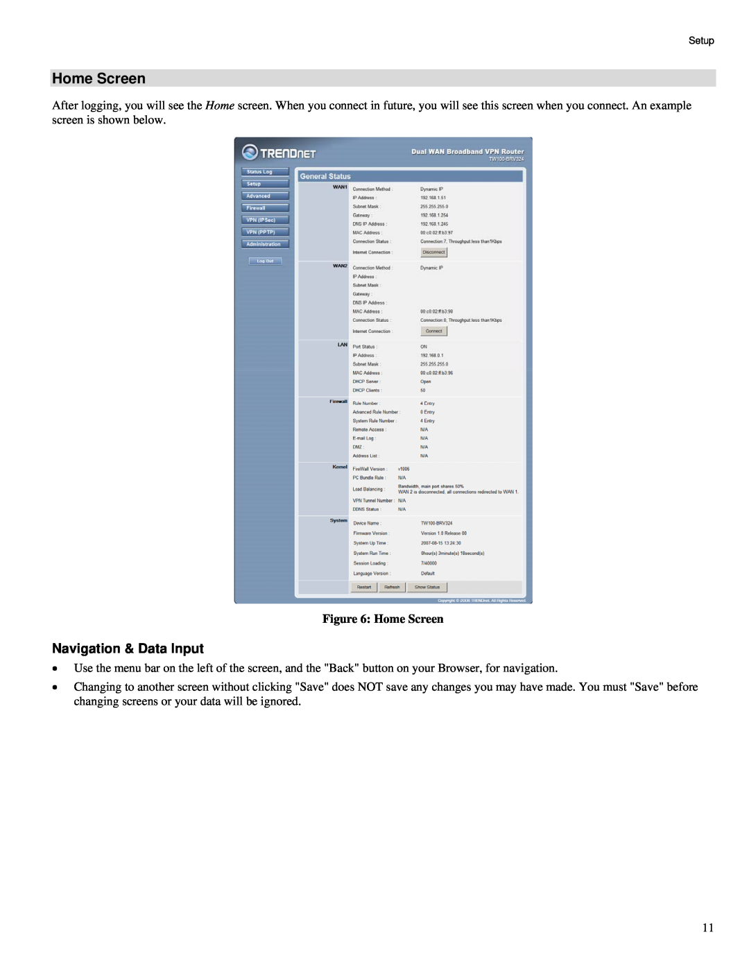 TRENDnet TW100-BRV324 manual Home Screen, Navigation & Data Input 