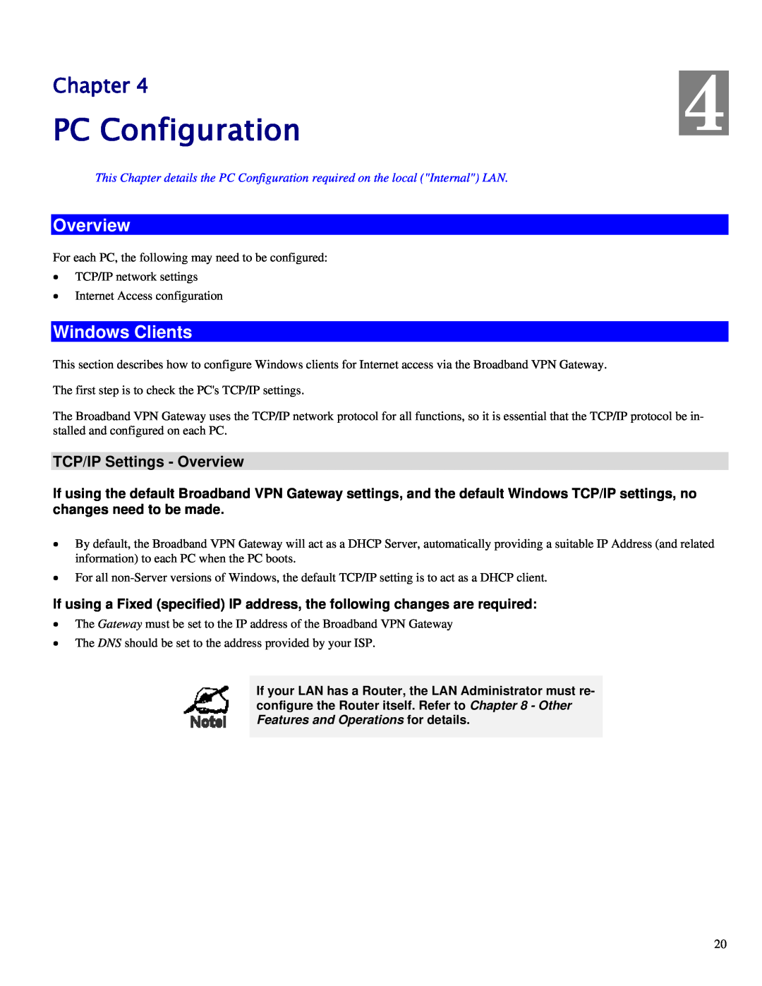 TRENDnet TW100-BRV324 manual PC Configuration, Windows Clients, TCP/IP Settings - Overview, Chapter 