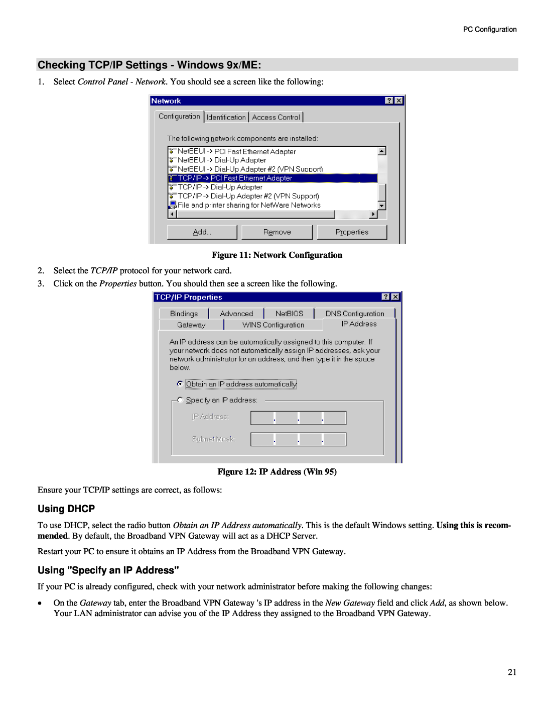 TRENDnet TW100-BRV324 manual Checking TCP/IP Settings - Windows 9x/ME, Using DHCP, Using Specify an IP Address 