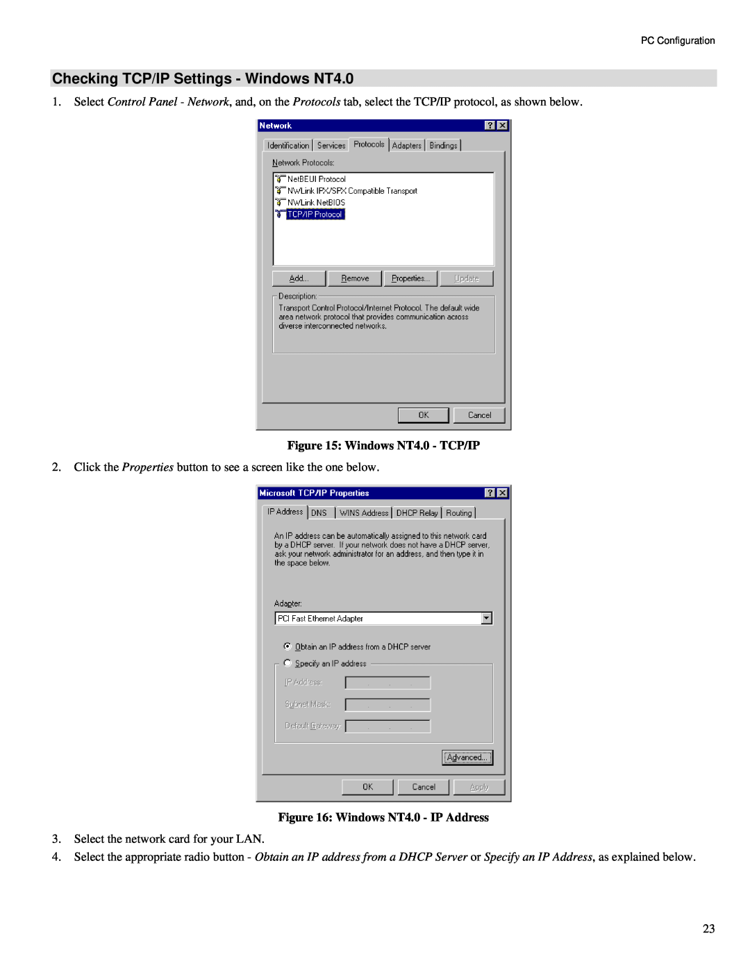TRENDnet TW100-BRV324 manual Checking TCP/IP Settings - Windows NT4.0, Windows NT4.0 - TCP/IP, Windows NT4.0 - IP Address 