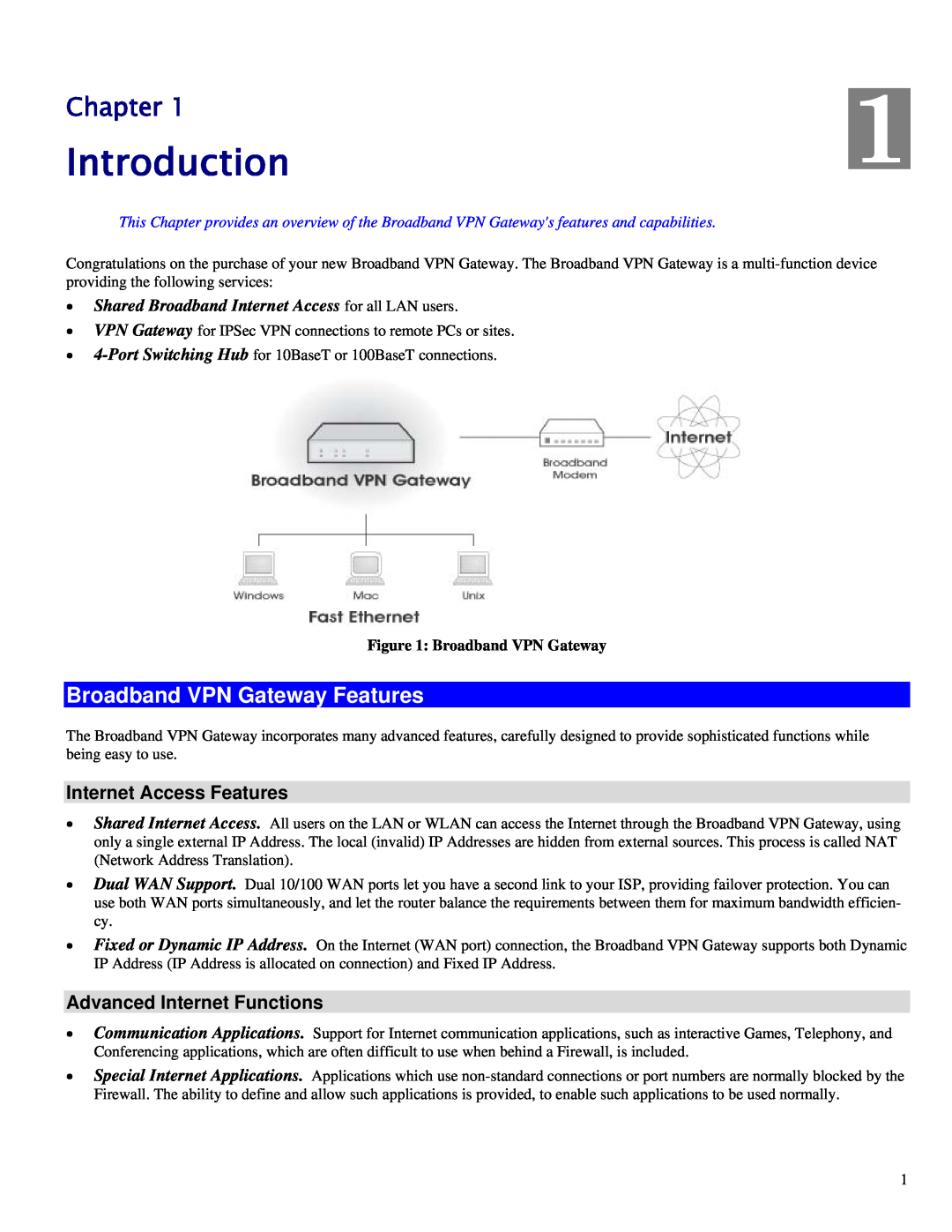 TRENDnet TW100-BRV324 manual Introduction, Chapter, Broadband VPN Gateway Features, Internet Access Features 