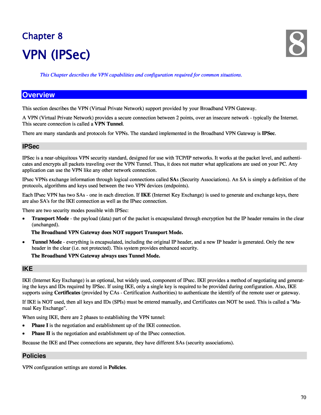 TRENDnet TW100-BRV324 manual VPN IPSec, Policies, Chapter, Overview 