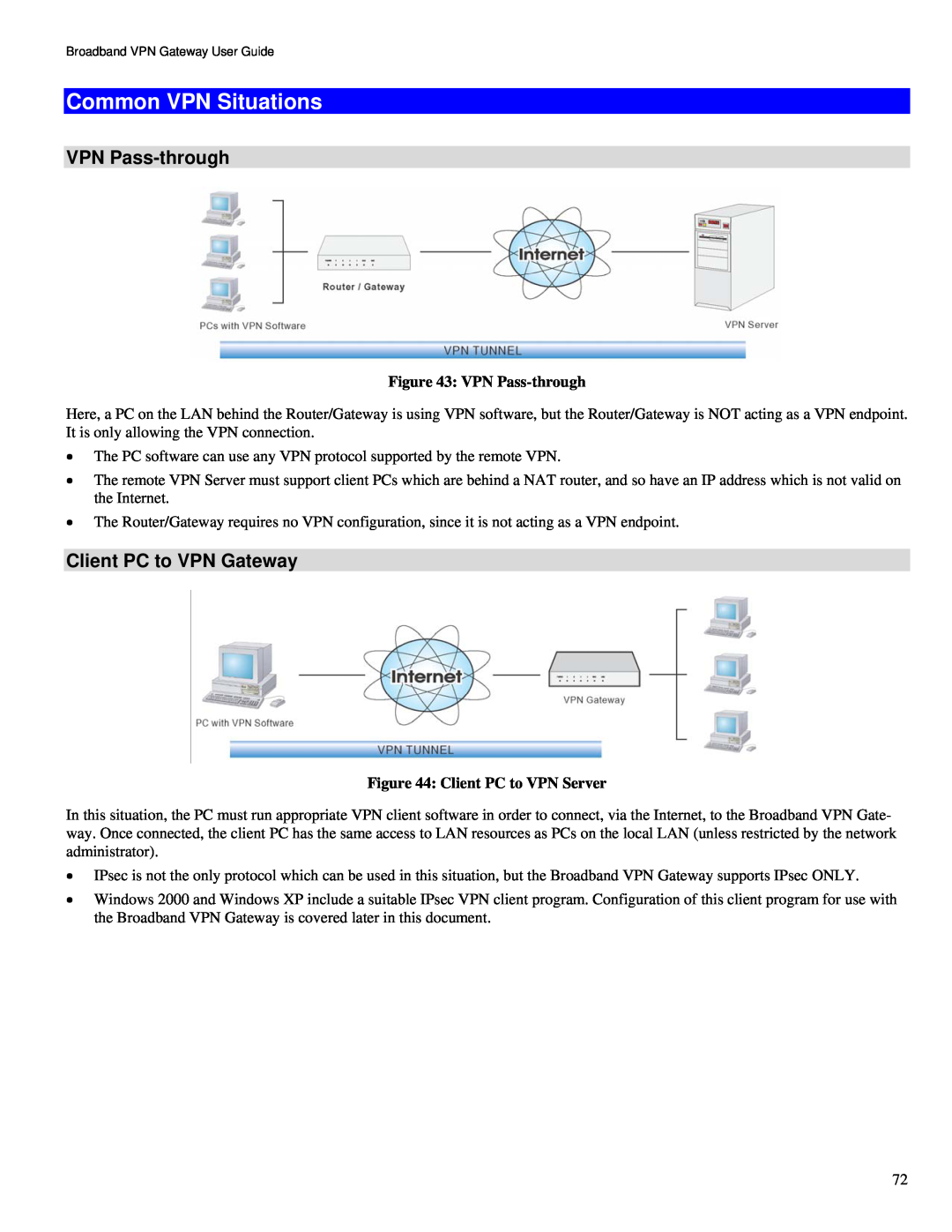 TRENDnet TW100-BRV324 manual Common VPN Situations, VPN Pass-through, Client PC to VPN Gateway 