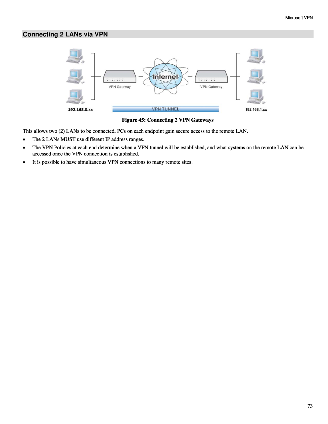 TRENDnet TW100-BRV324 manual Connecting 2 LANs via VPN, Connecting 2 VPN Gateways 