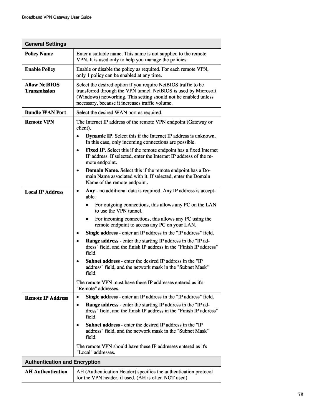 TRENDnet TW100-BRV324 manual General Settings, Policy Name, Enable Policy, Allow NetBIOS, Transmission, Bundle WAN Port 