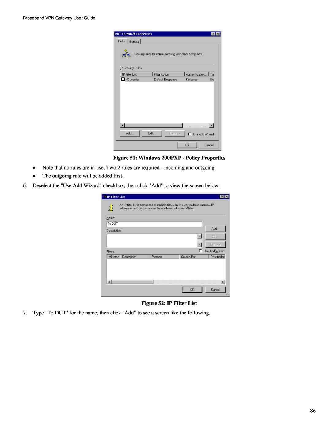 TRENDnet TW100-BRV324 manual Windows 2000/XP - Policy Properties, IP Filter List 