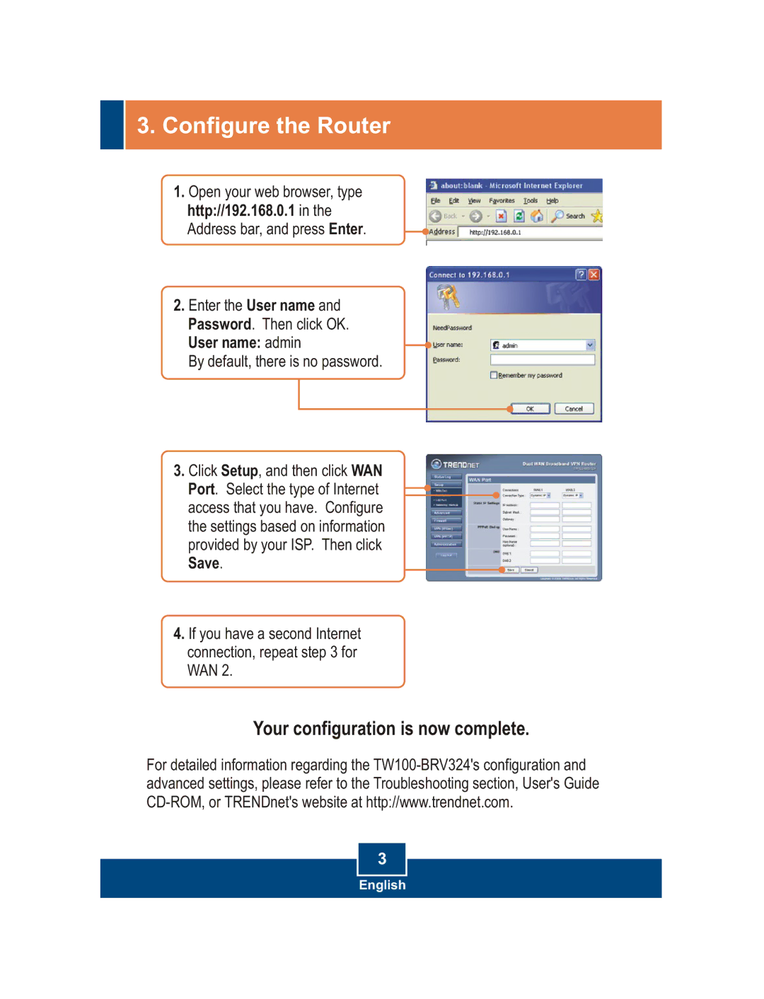 TRENDnet TW100-BRV324 manual Configure the Router 