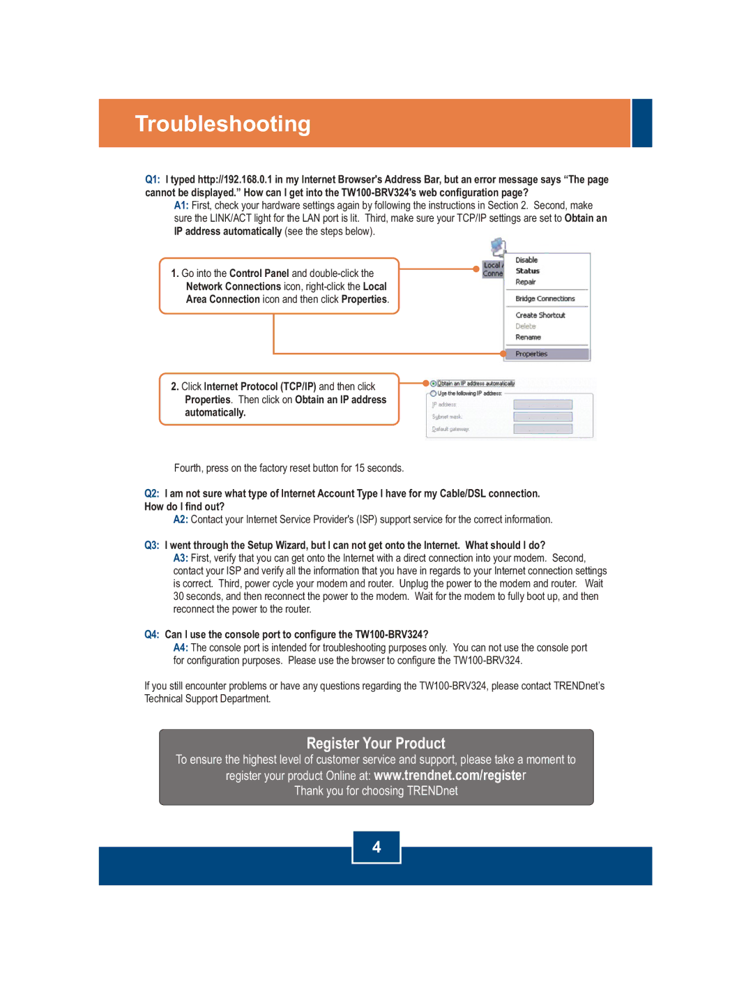 TRENDnet TW100-BRV324 manual Troubleshooting, Register Your Product 