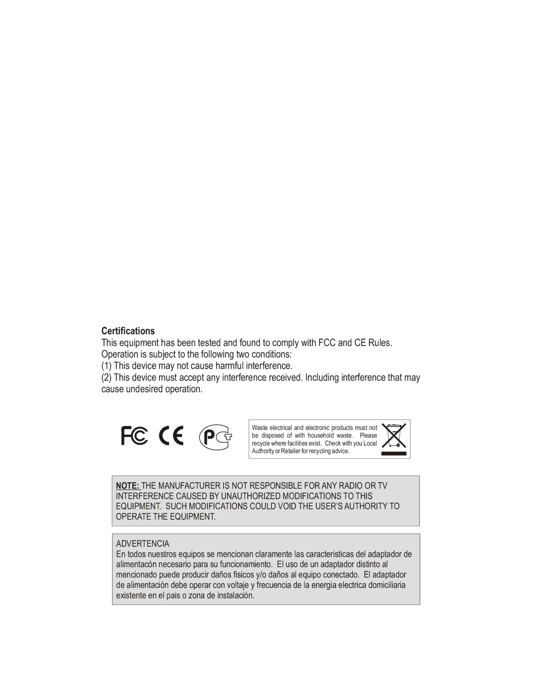 TRENDnet TW100-BRV324 manual Certifications, Advertencia 