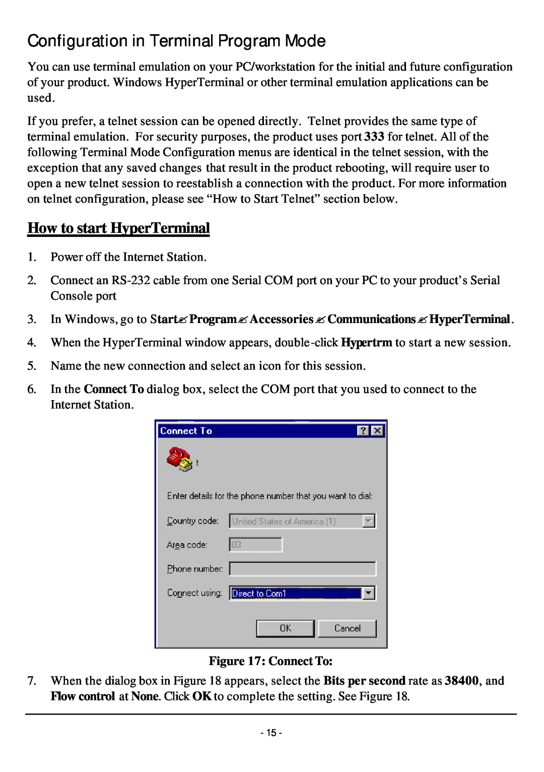 TRENDnet TW100-W1CA user manual Configuration in Terminal Program Mode, How to start HyperTerminal 