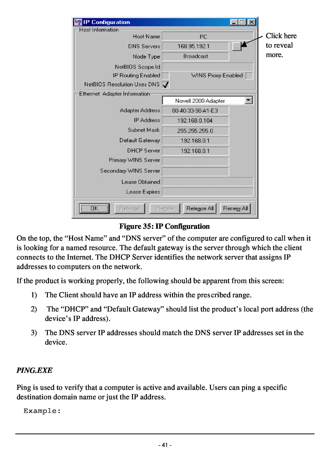 TRENDnet TW100-W1CA user manual IP Configuration, Ping.Exe 