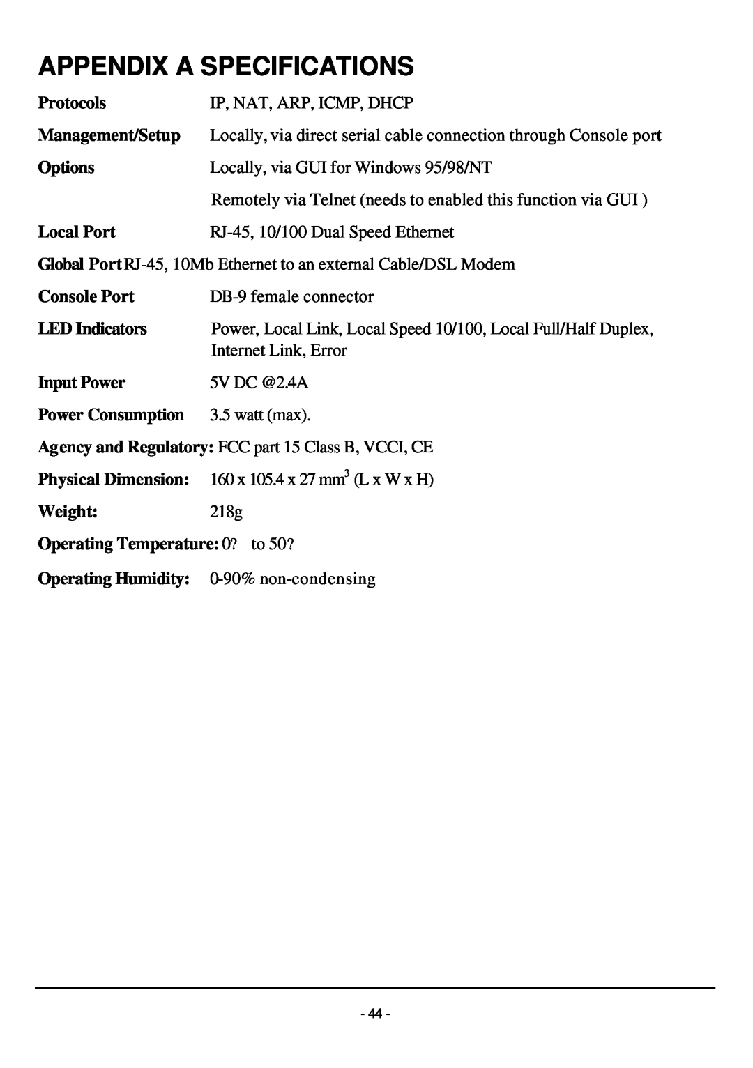 TRENDnet TW100-W1CA user manual Appendix A Specifications 