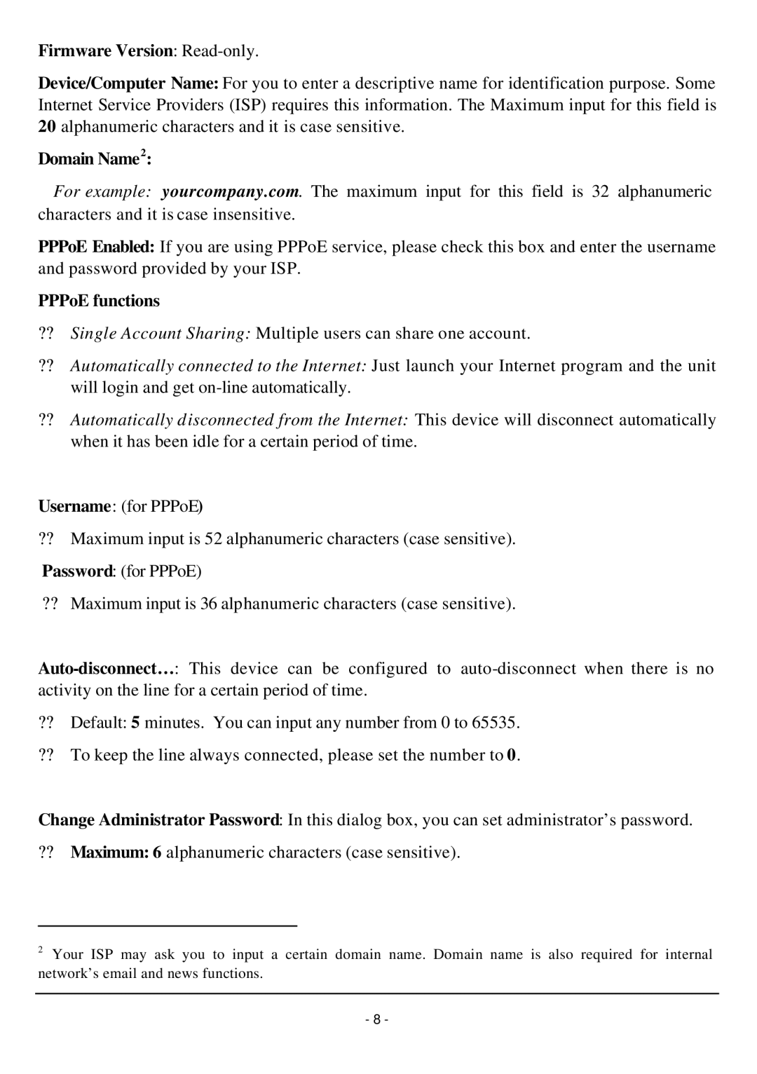 TRENDnet TW100-W1CA user manual Firmware Version Read-only, Domain Name2, PPPoE functions 