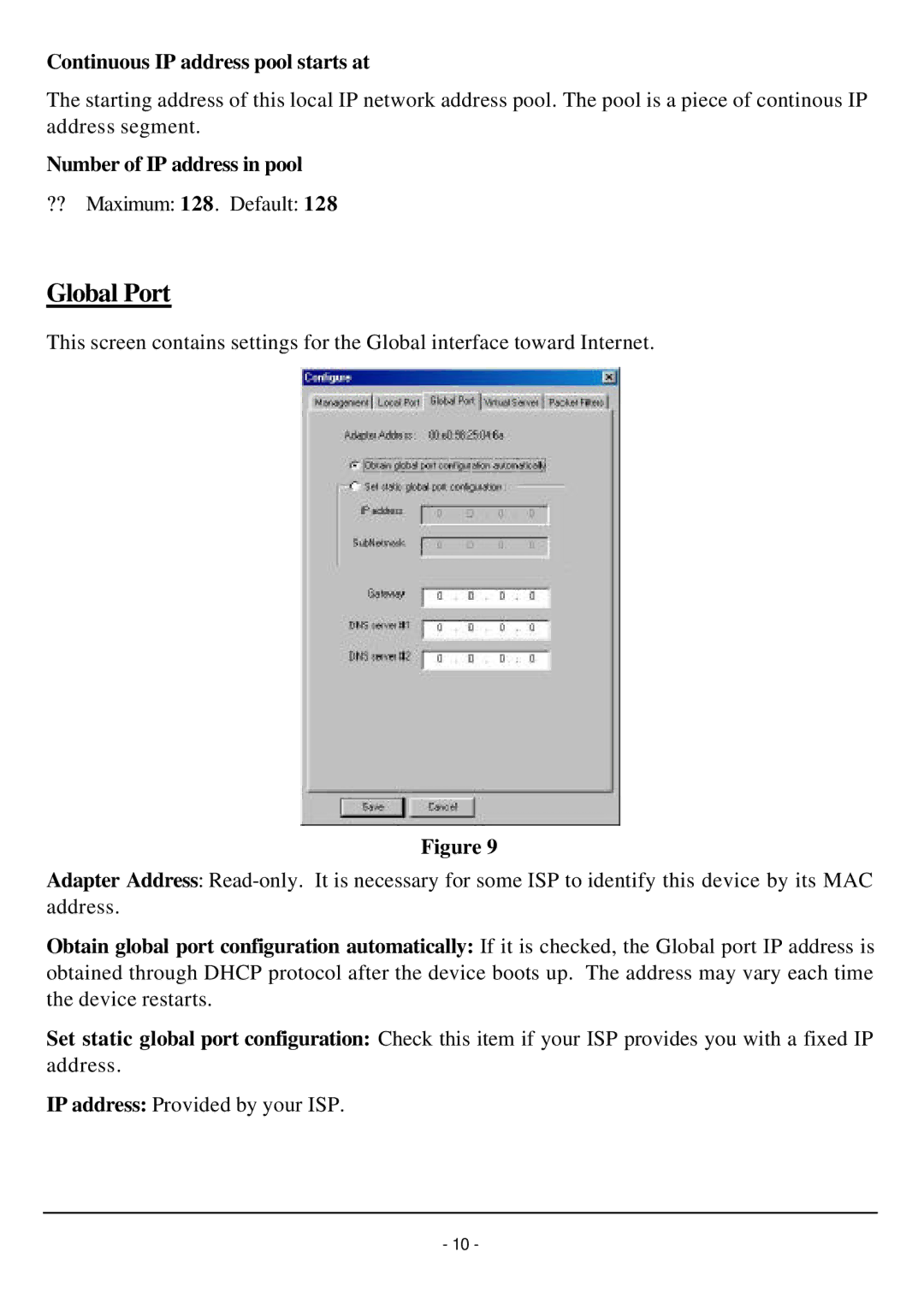 TRENDnet TW100-W1CA user manual Global Port, Continuous IP address pool starts at, Number of IP address in pool 