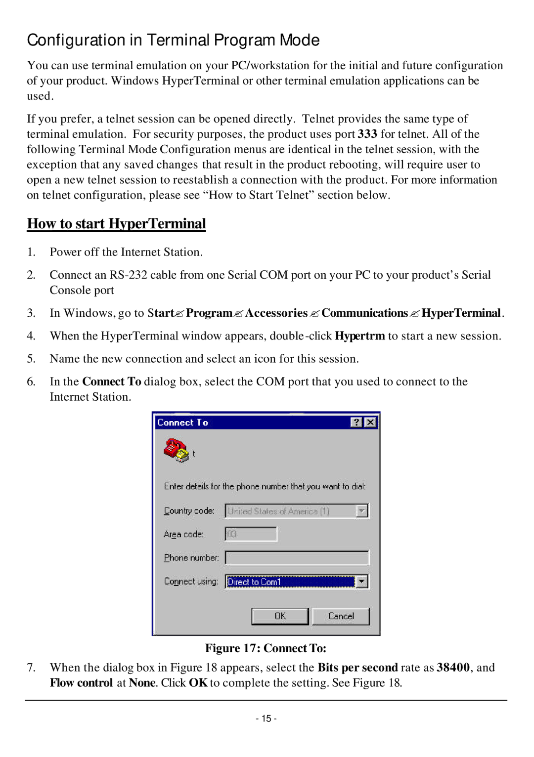 TRENDnet TW100-W1CA user manual Configuration in Terminal Program Mode, How to start HyperTerminal 