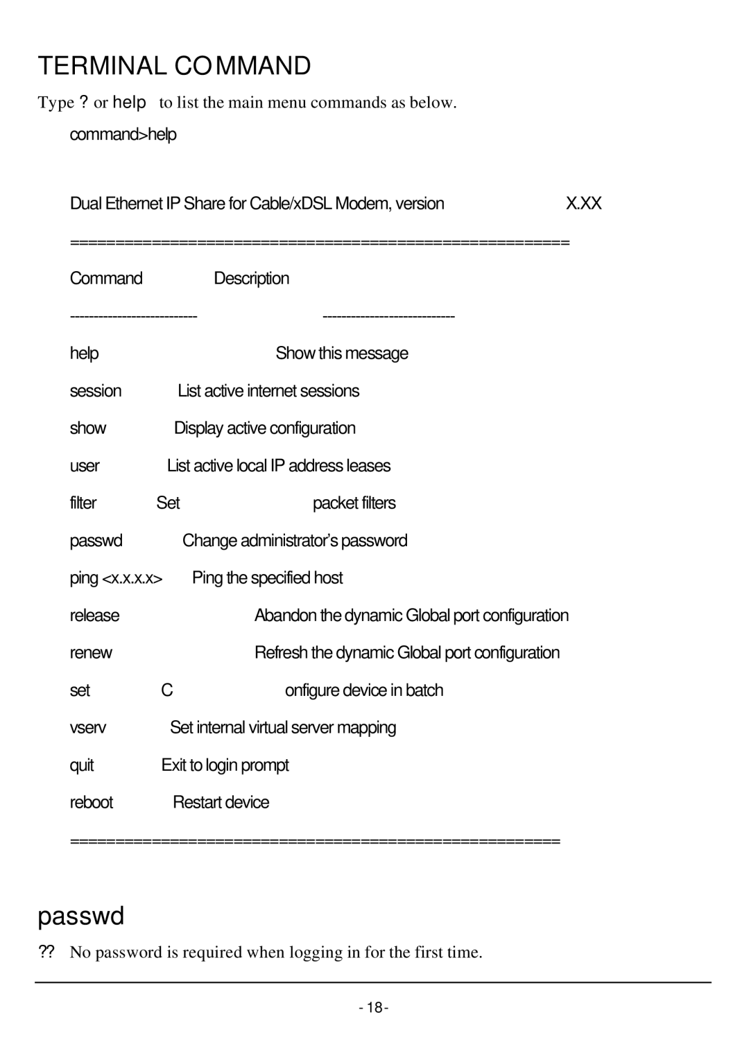 TRENDnet TW100-W1CA user manual Terminal Command, Passwd 