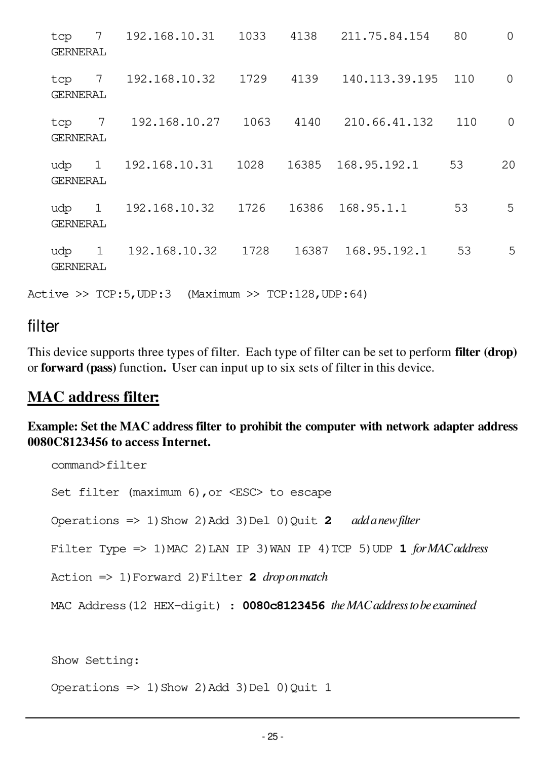 TRENDnet TW100-W1CA user manual Filter, MAC address filter 