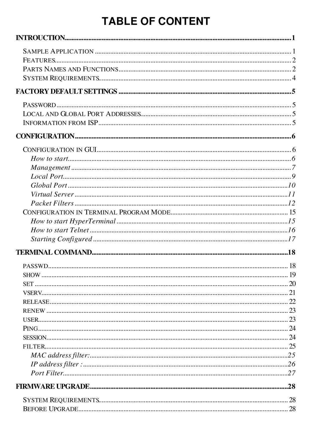 TRENDnet TW100-W1CA user manual Table of Content, Terminal Command 