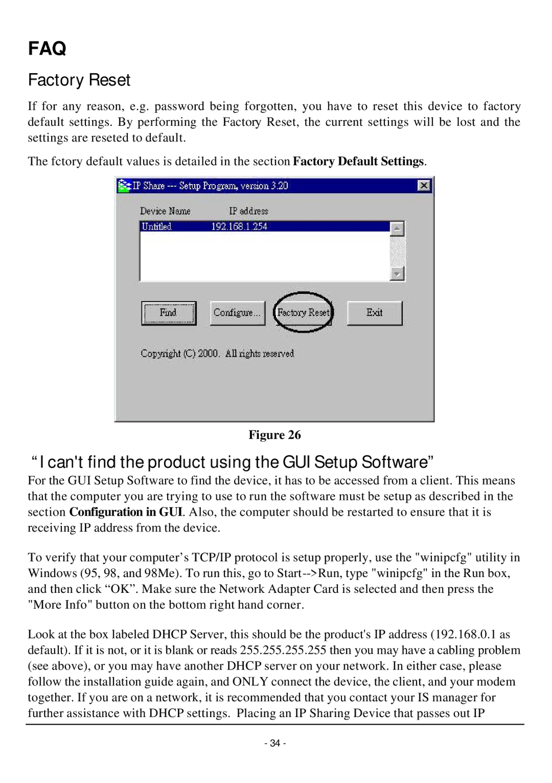 TRENDnet TW100-W1CA user manual Faq, Factory Reset, Cant find the product using the GUI Setup Software 